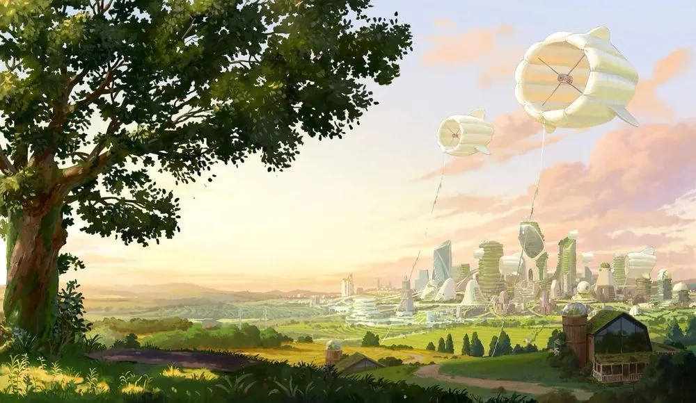 View from beneath a tree of a clean energy city with floating wind power blimps